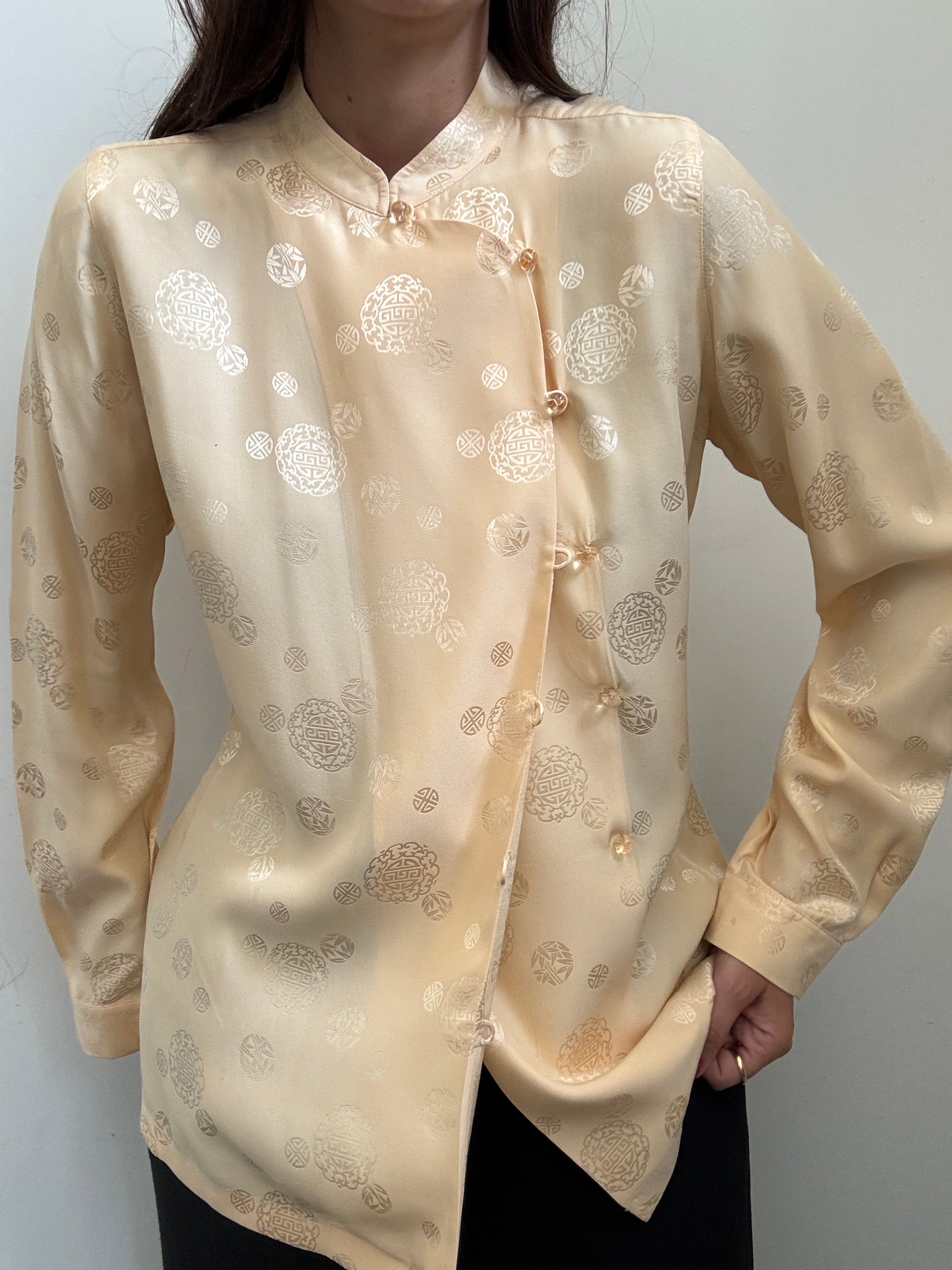 Vintage Yellow Silk Mandarin Collar Blouse Size Medium