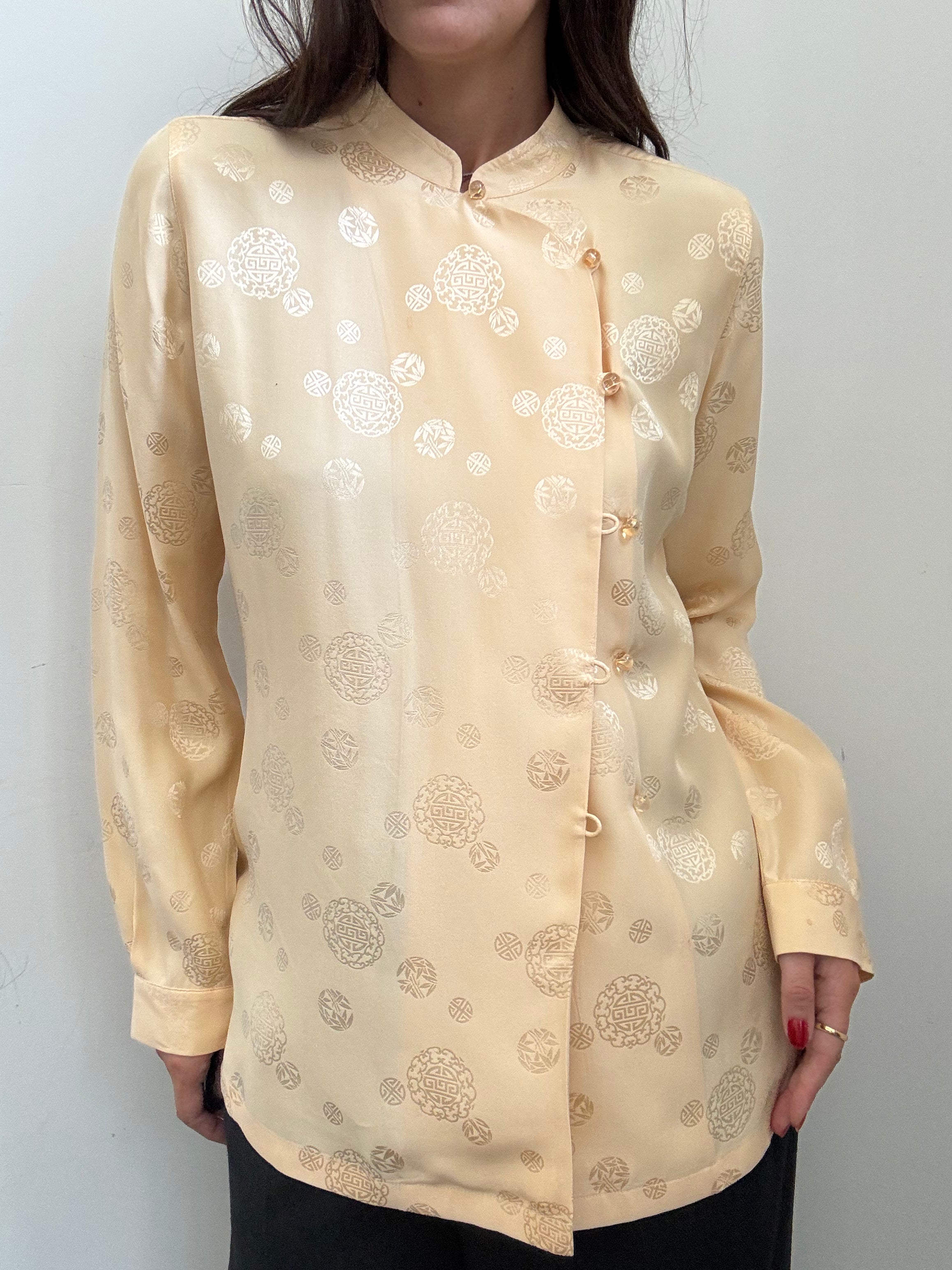 Vintage Yellow Silk Mandarin Collar Blouse Size Medium