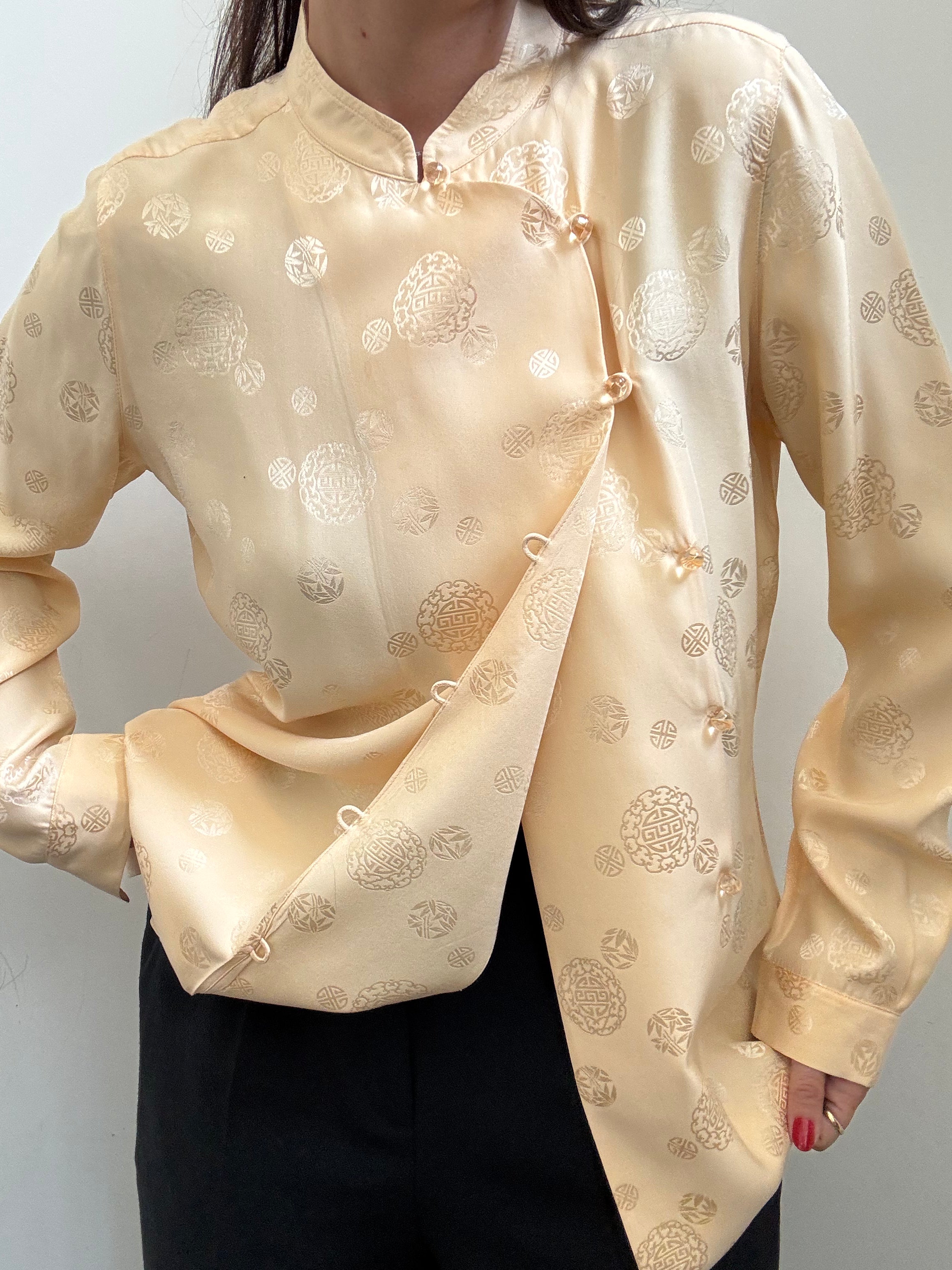 Vintage Yellow Silk Mandarin Collar Blouse Size Medium