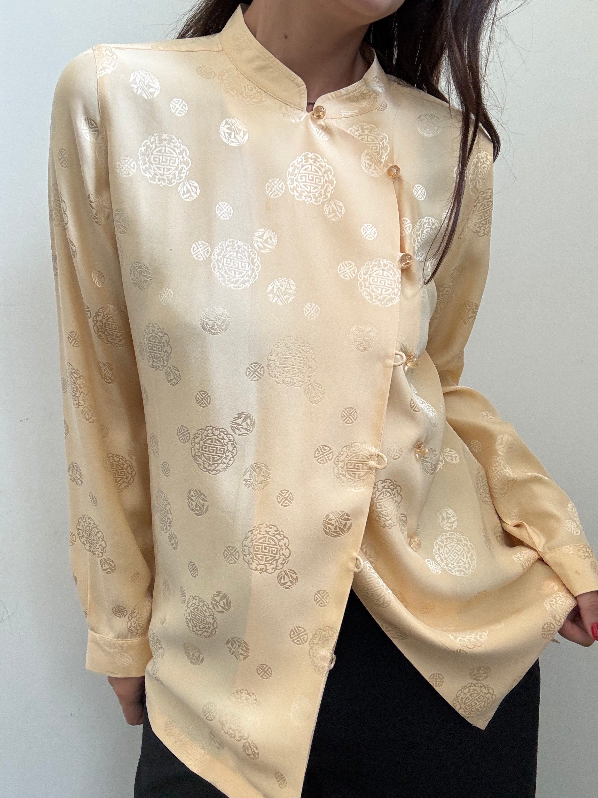Vintage Yellow Silk Mandarin Collar Blouse Size Medium