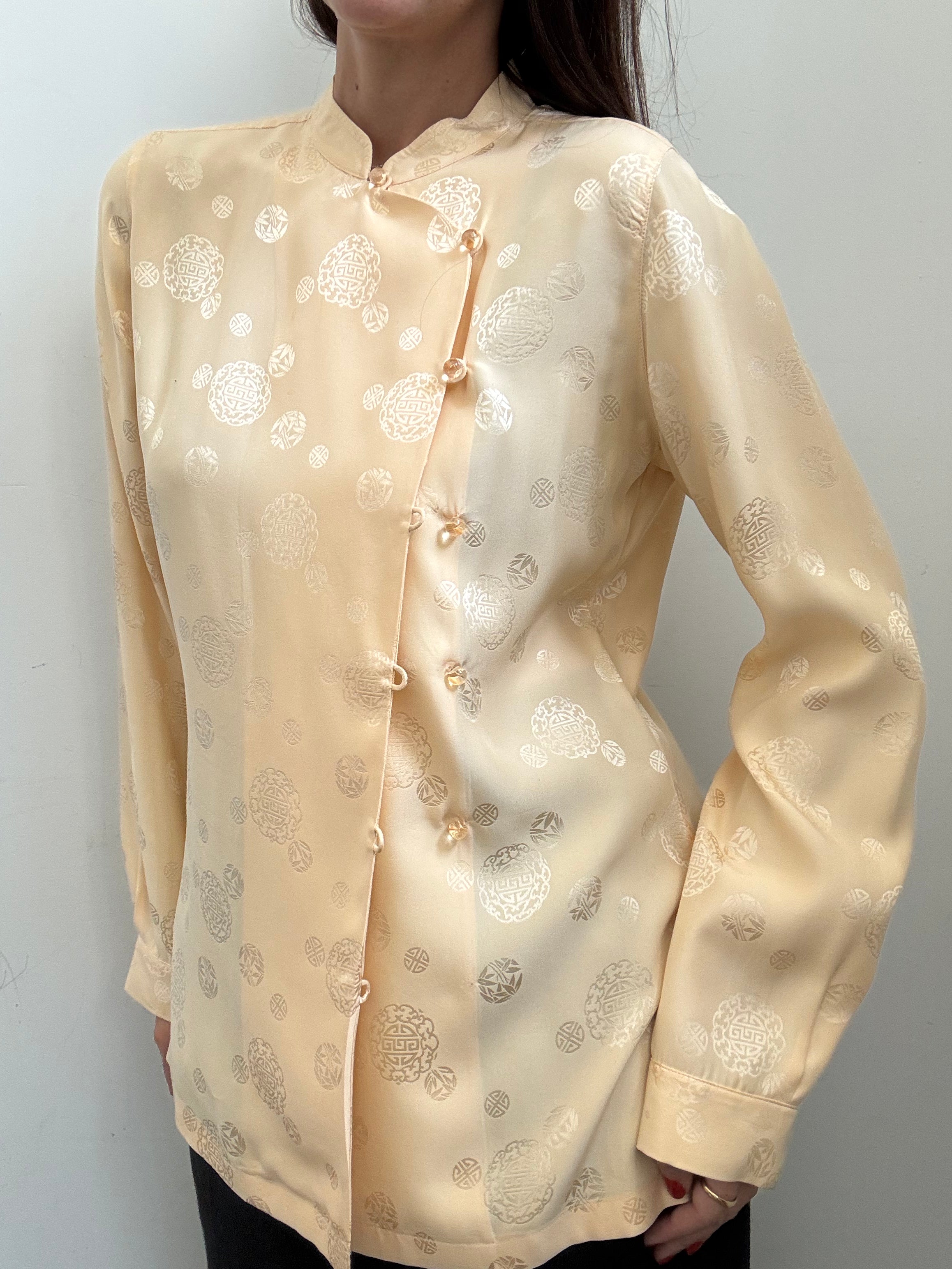 Vintage Yellow Silk Mandarin Collar Blouse Size Medium