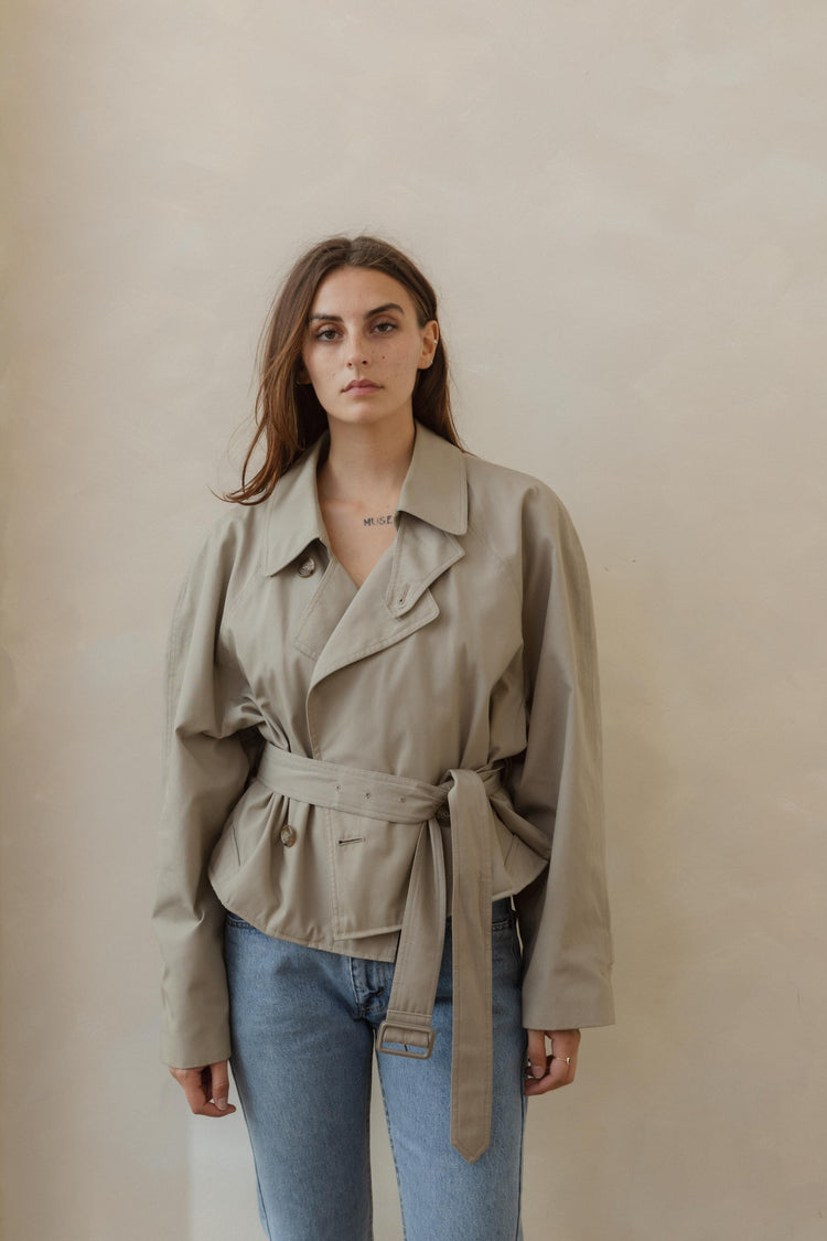 Vintage Reworked Tan Cropped Trench with Belt