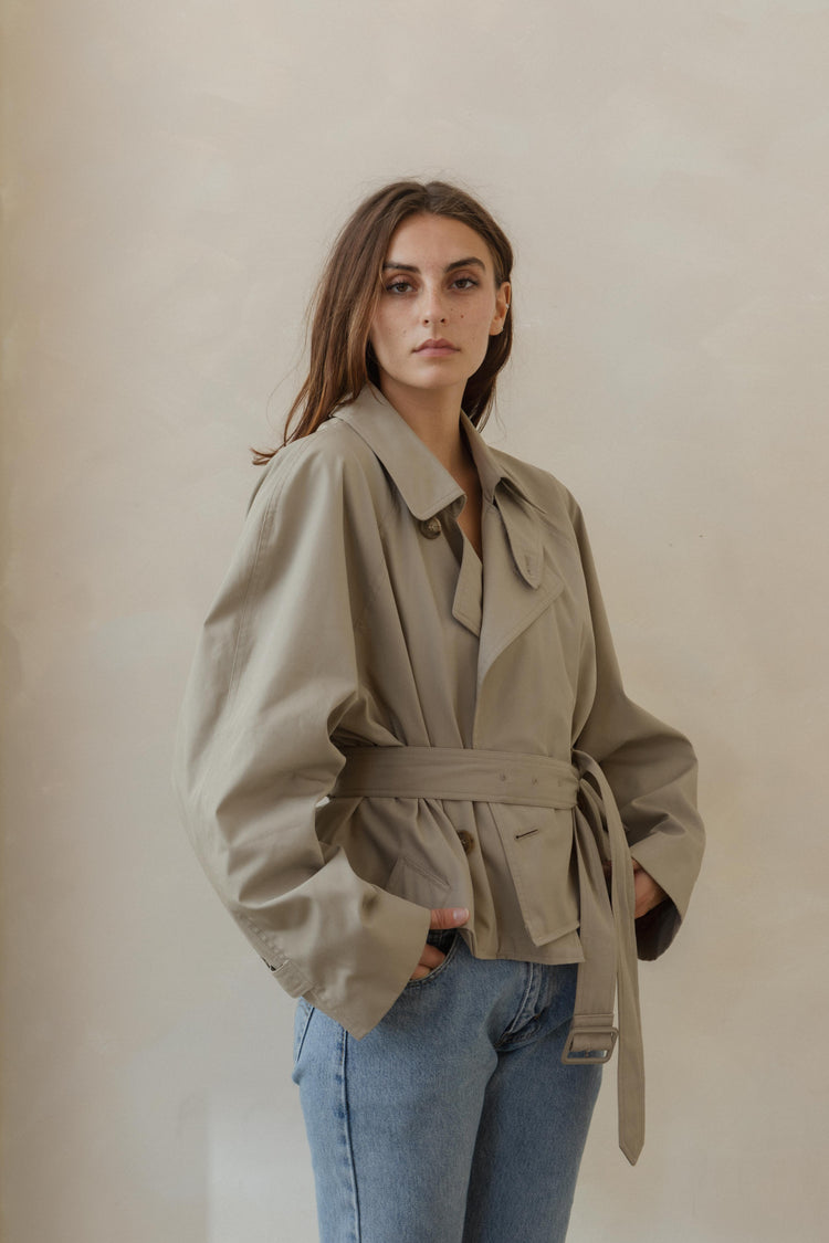 Vintage Reworked Tan Cropped Trench with Belt