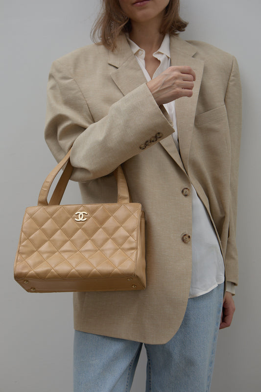 Vintage Chanel Leather Top Handle Bag In Beige