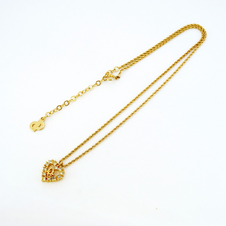 Vintage 1990s Dior Gold Rhinestone Heart Necklace