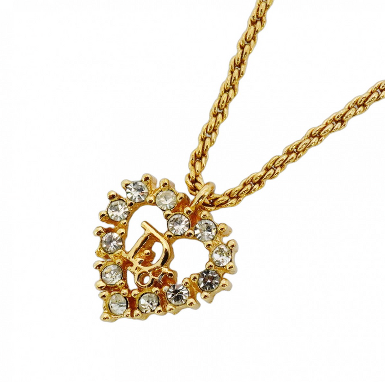 Vintage 1990s Dior Gold Rhinestone Heart Necklace