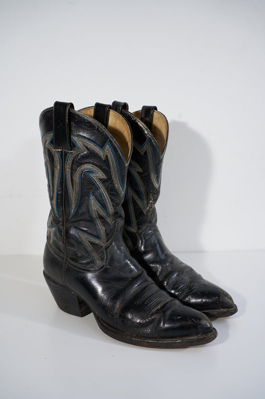 Vintage Black Wester Boots with Blue and White Detailing Size 11