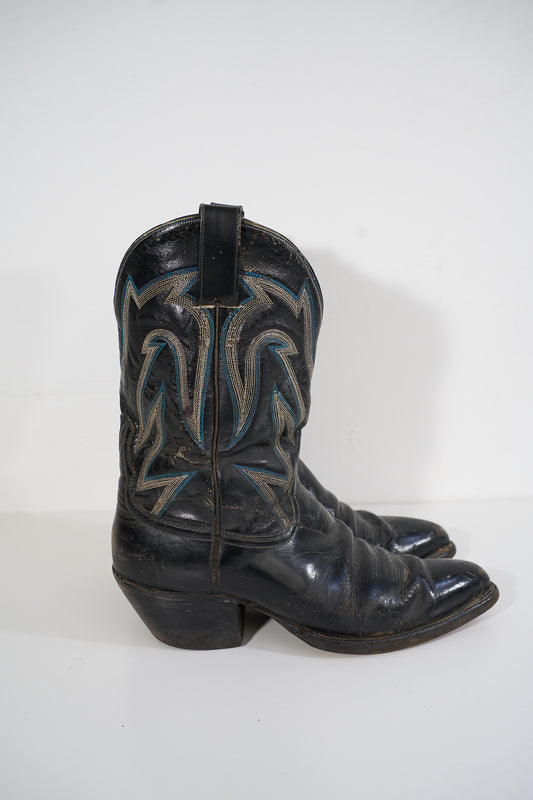 Vintage Black Wester Boots with Blue and White Detailing Size 11