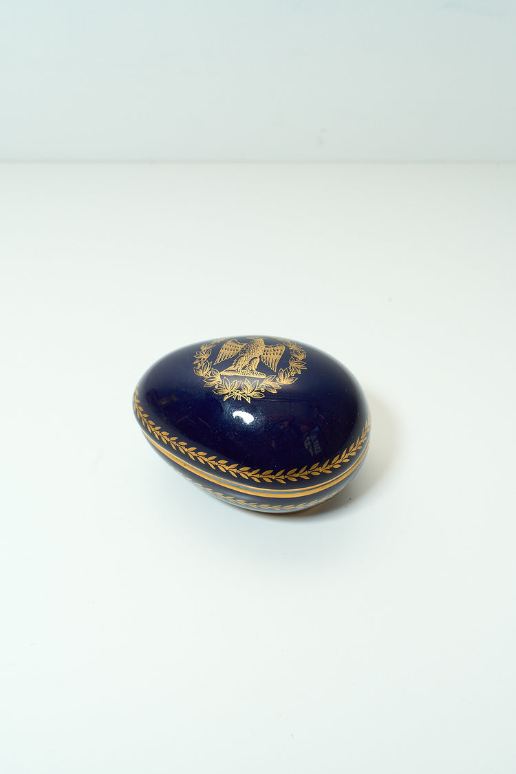 Vintage French Navy and Gold Porcelain Stamped Egg Catchall