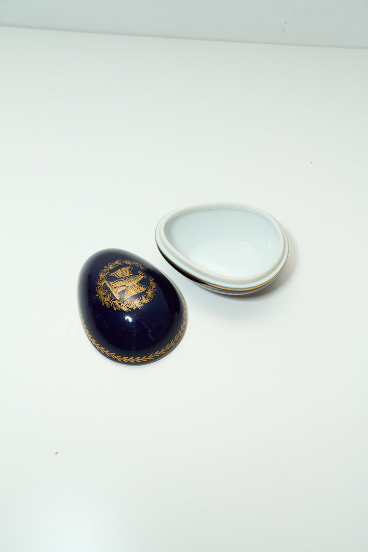 Vintage French Navy and Gold Porcelain Stamped Egg Catchall