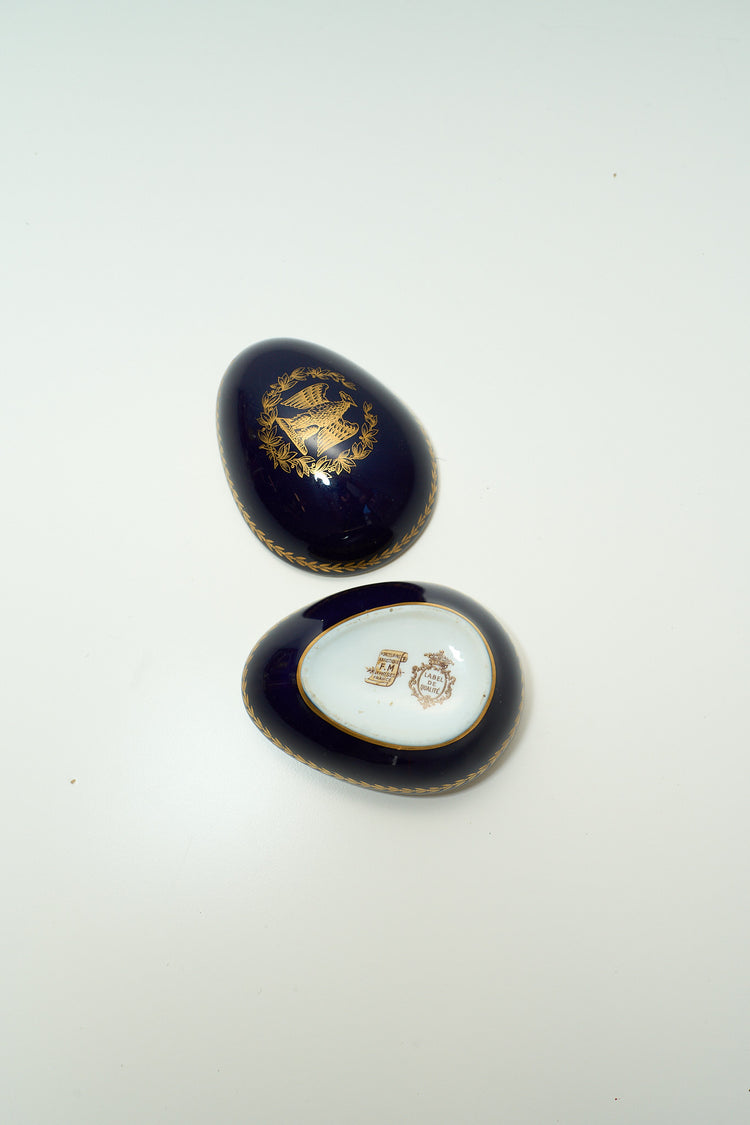 Vintage French Navy and Gold Porcelain Stamped Egg Catchall