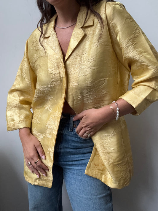 Vintage Yellow 3/4 Sleeve Jacquard Patterned Button-Up Size Small