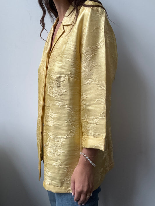 Vintage Yellow 3/4 Sleeve Jacquard Patterned Button-Up Size Small