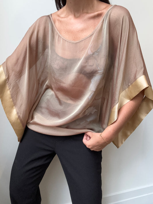 Vintage Beige Sheer Floral Dolman Sleeve Blouse Size L