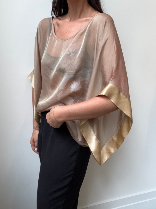 Vintage Beige Sheer Floral Dolman Sleeve Blouse Size L