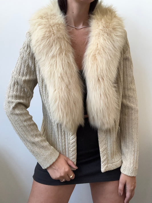 Vintage Fox Fur Lurex Knit Cardigan Size Medium