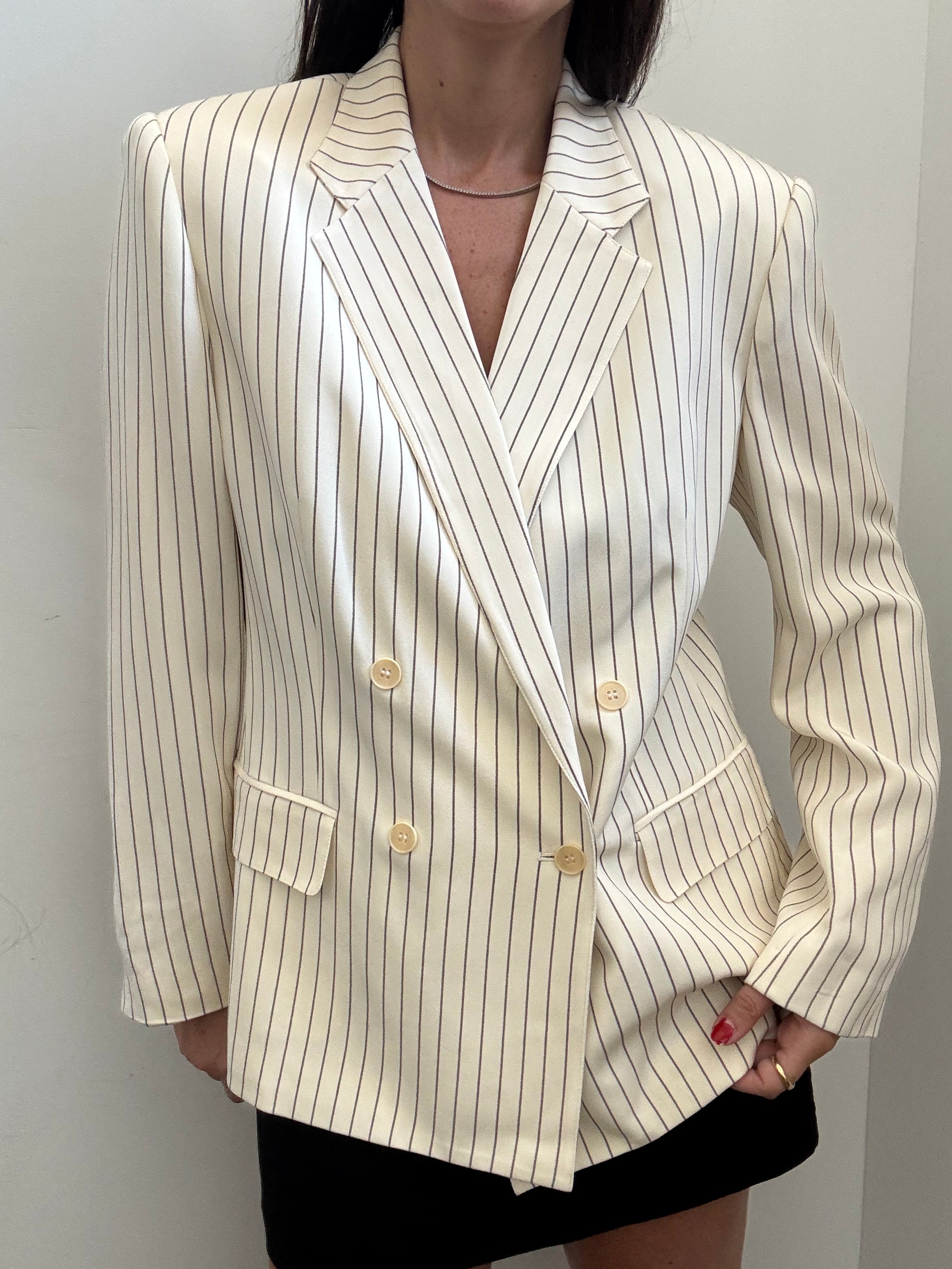 Vintage Cream & Brown Silk Striped Blazer Size Large