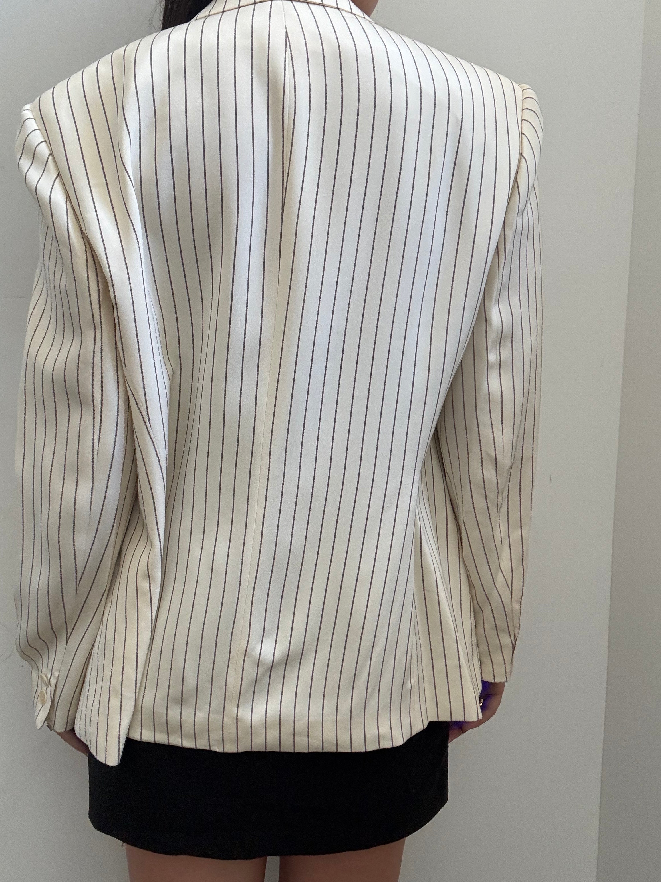 Vintage Cream & Brown Silk Striped Blazer Size Large