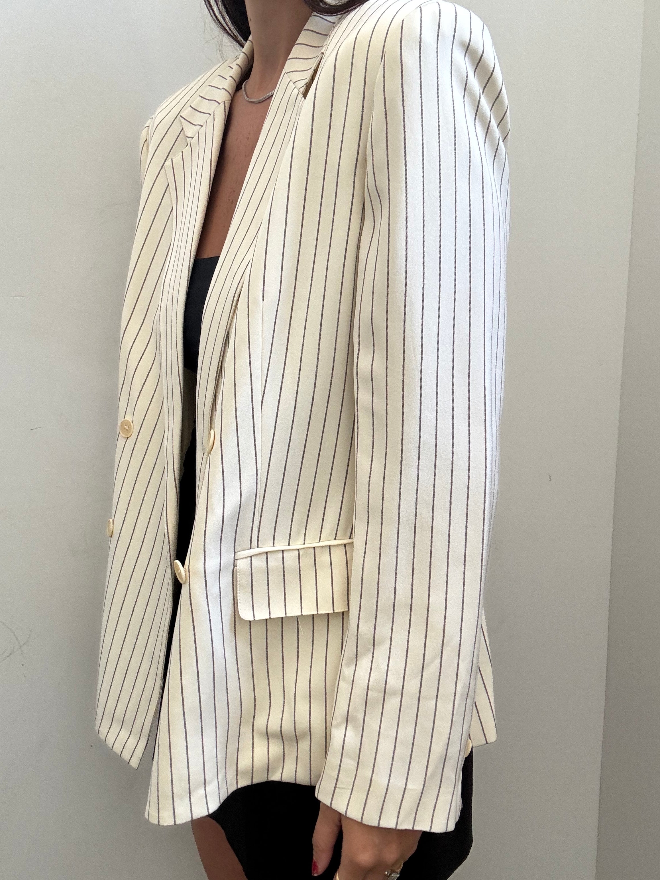 Vintage Cream & Brown Silk Striped Blazer Size Large