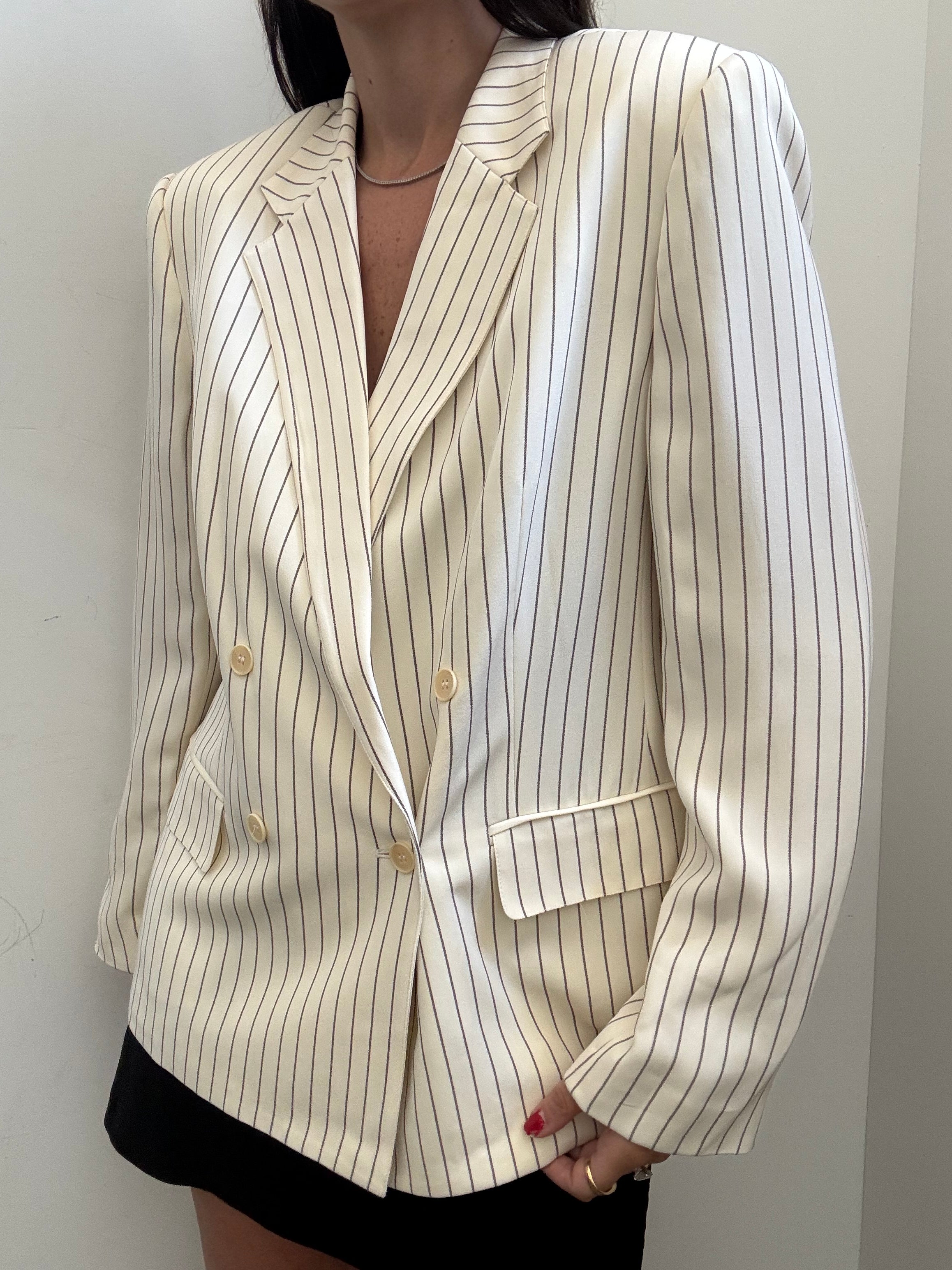 Vintage Cream & Brown Silk Striped Blazer Size Large