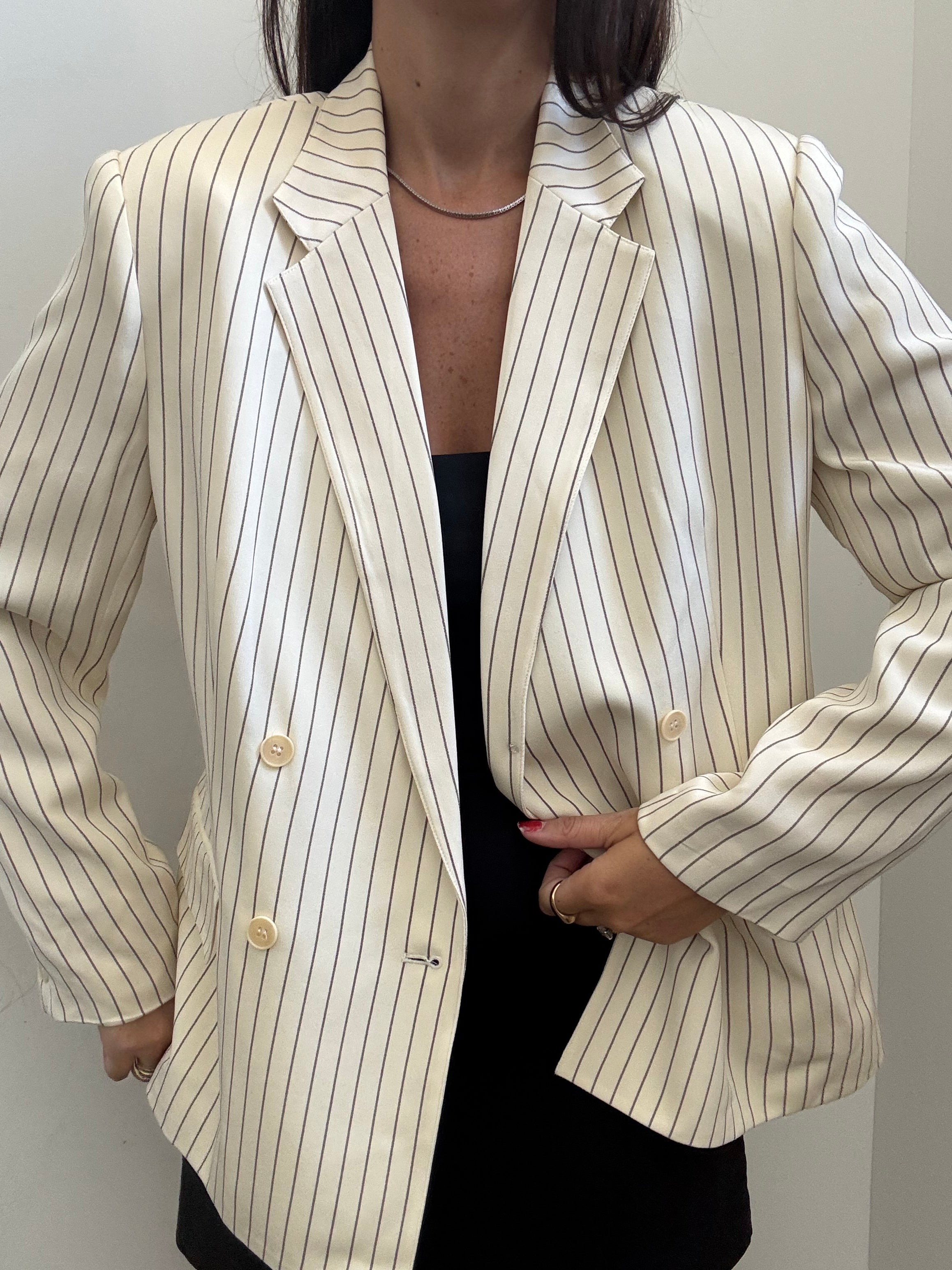 Vintage Cream & Brown Silk Striped Blazer Size Large