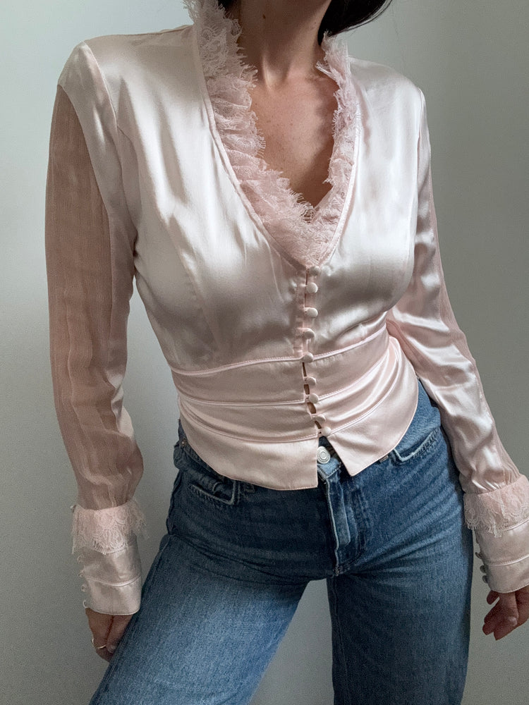 Vintage Silk Blush Pink Lace Blouse Size Small