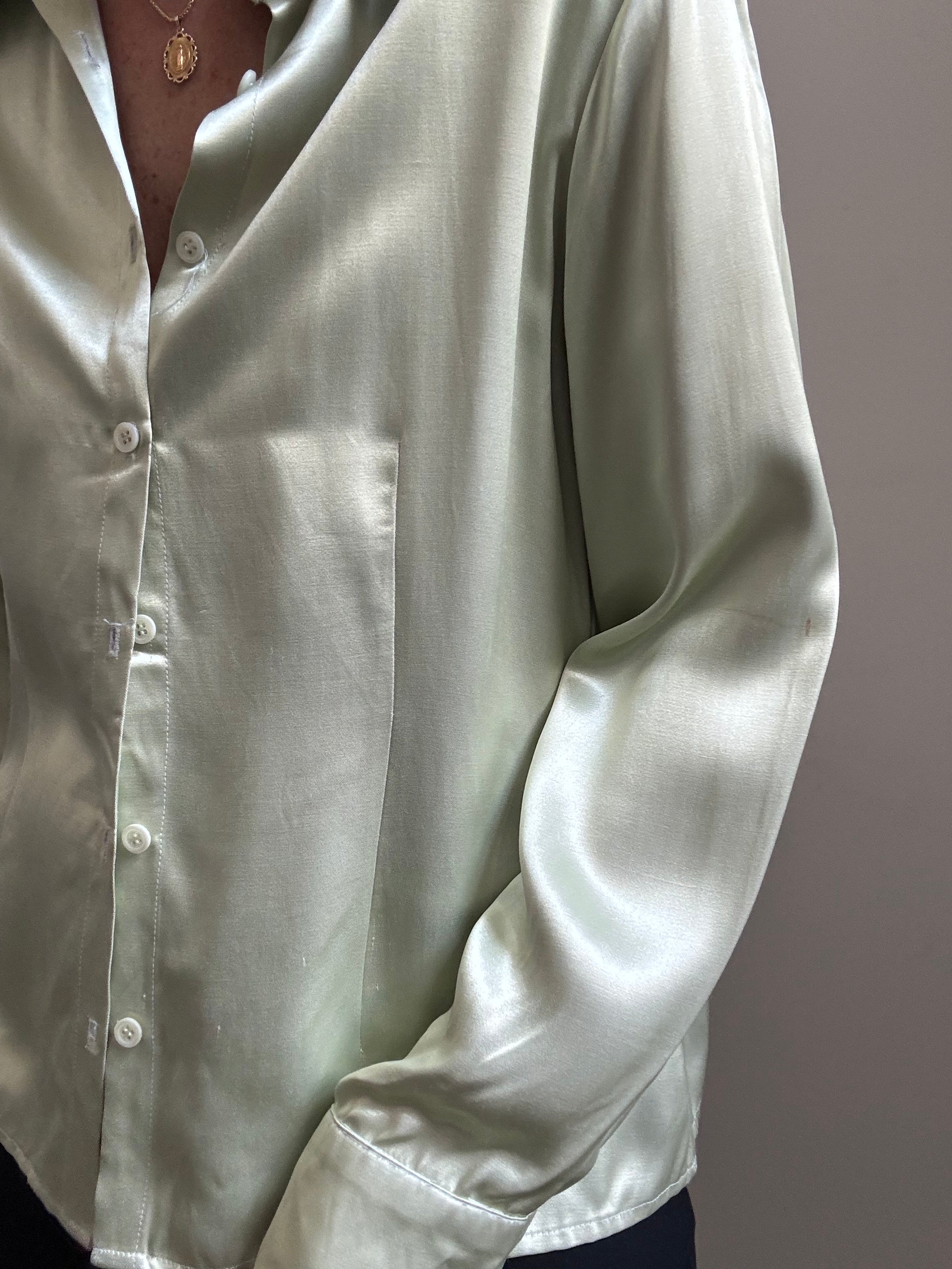 Vintage Sage Green Silky Fitted Blouse Size Medium