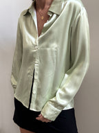 Vintage Sage Green Silky Fitted Blouse Size Medium