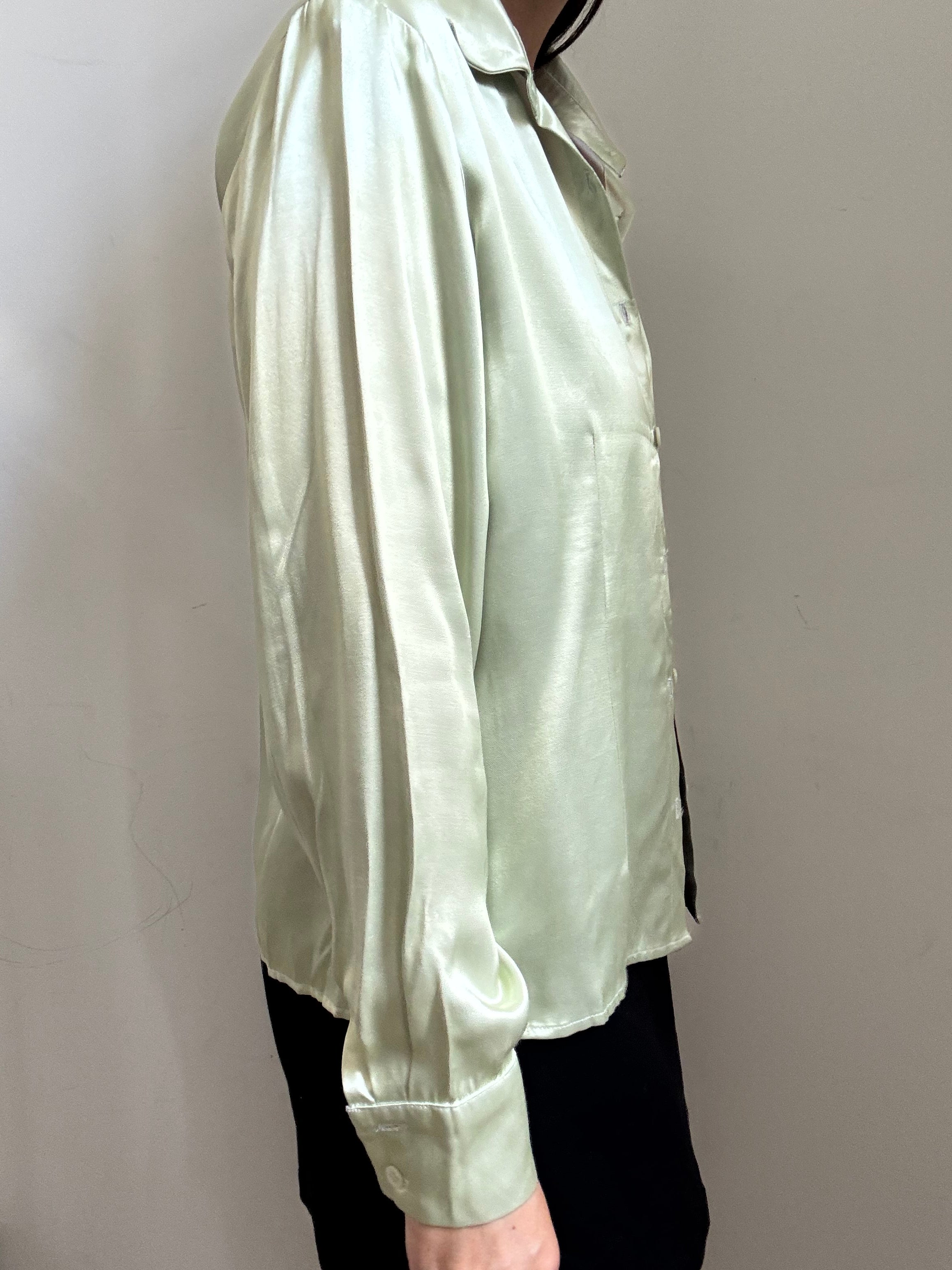 Vintage Sage Green Silky Fitted Blouse Size Medium