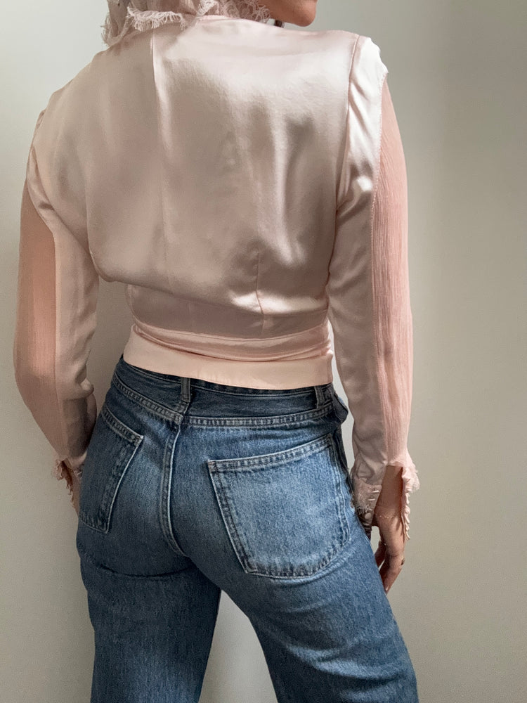 Vintage Silk Blush Pink Lace Blouse Size Small