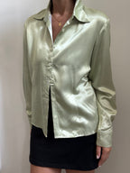 Vintage Sage Green Silky Fitted Blouse Size Medium