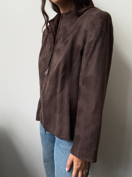 Vintage Brown Faux Suede Collarless Blazer Size Large