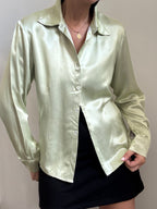 Vintage Sage Green Silky Fitted Blouse Size Medium