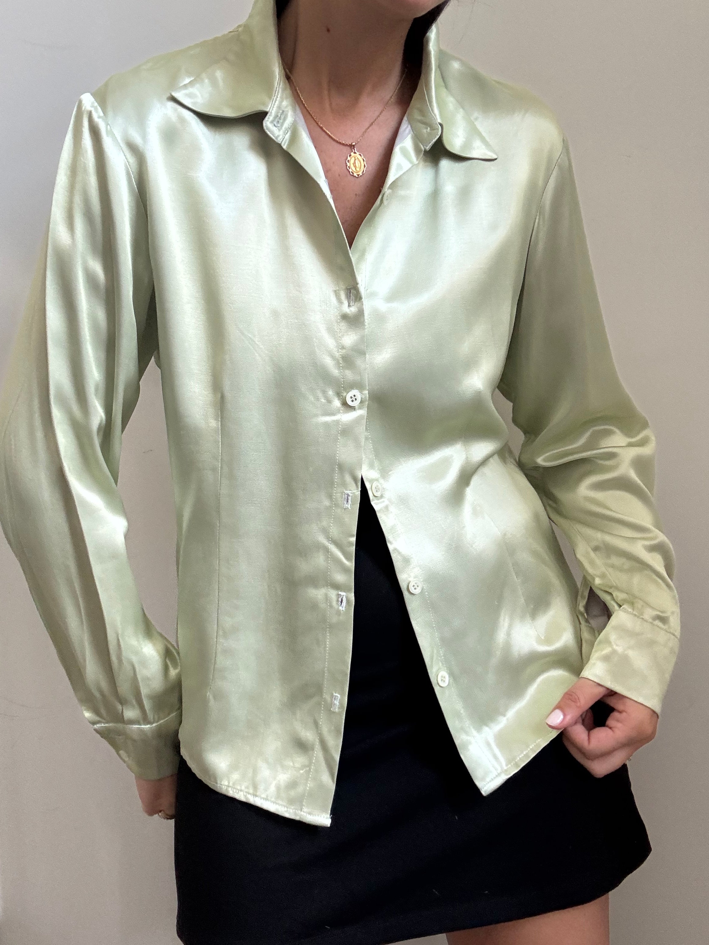 Vintage Sage Green Silky Fitted Blouse Size Medium