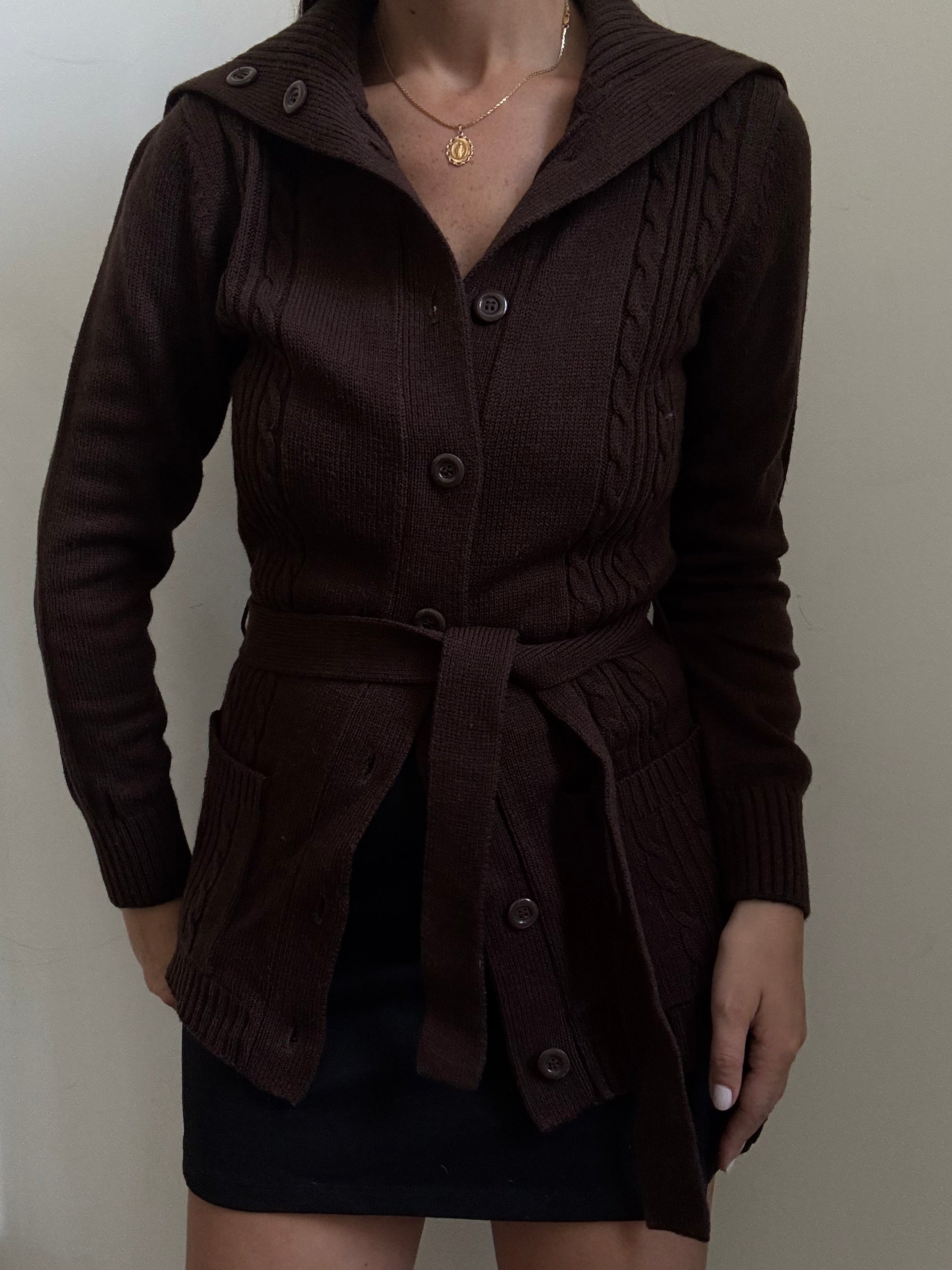 Vintage Dark Brown Button + Belted Cable Knit Size Small