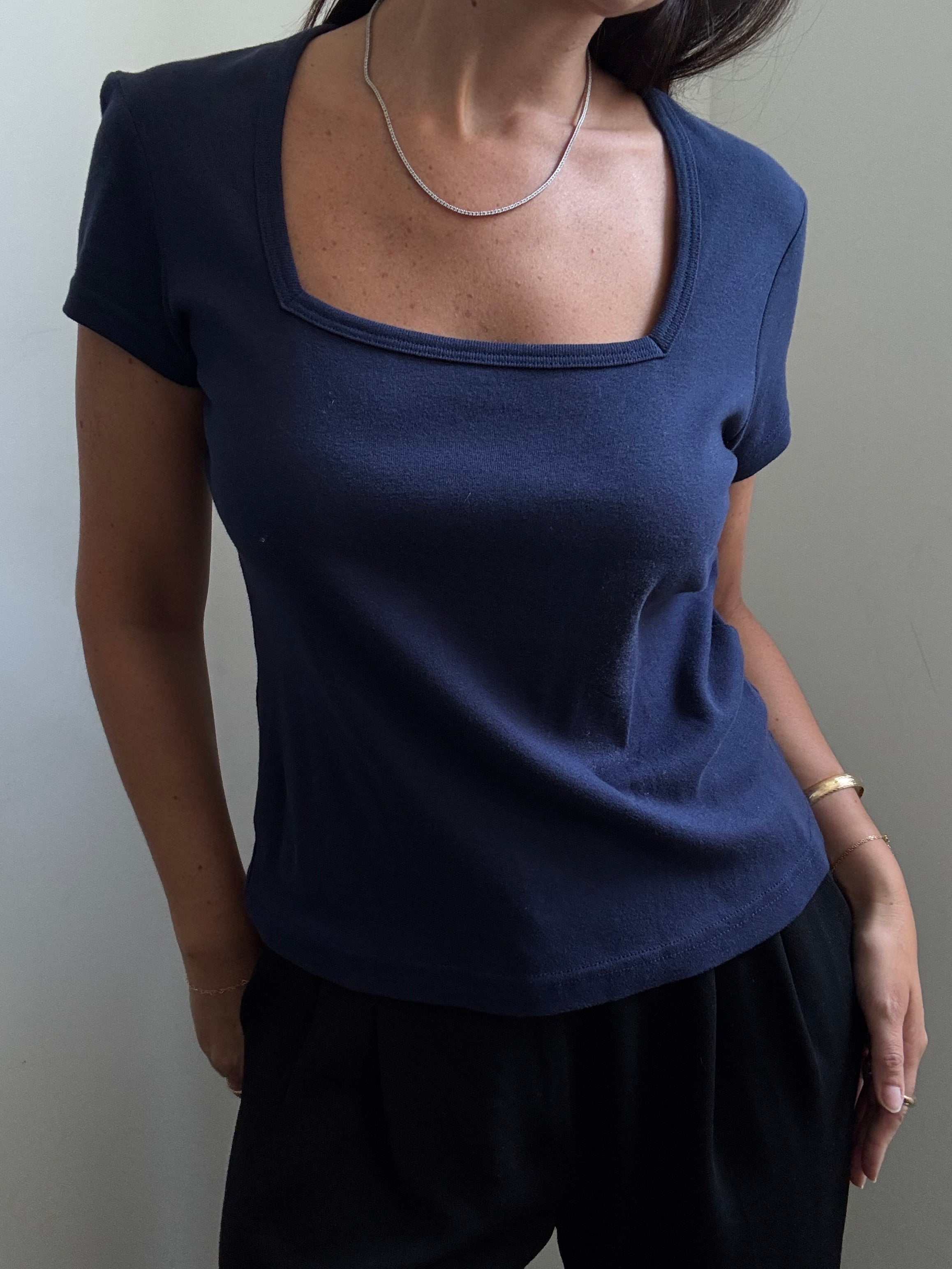 Vintage Navy Cotton Square Neck T-Shirt Size XL