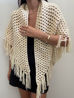 Vintage Cream Crochet Fringe Scarf