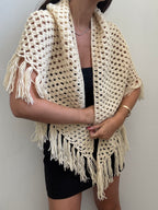 Vintage Cream Crochet Fringe Scarf