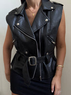 Vintage Faux Leather Black Moto Vest Size Medium