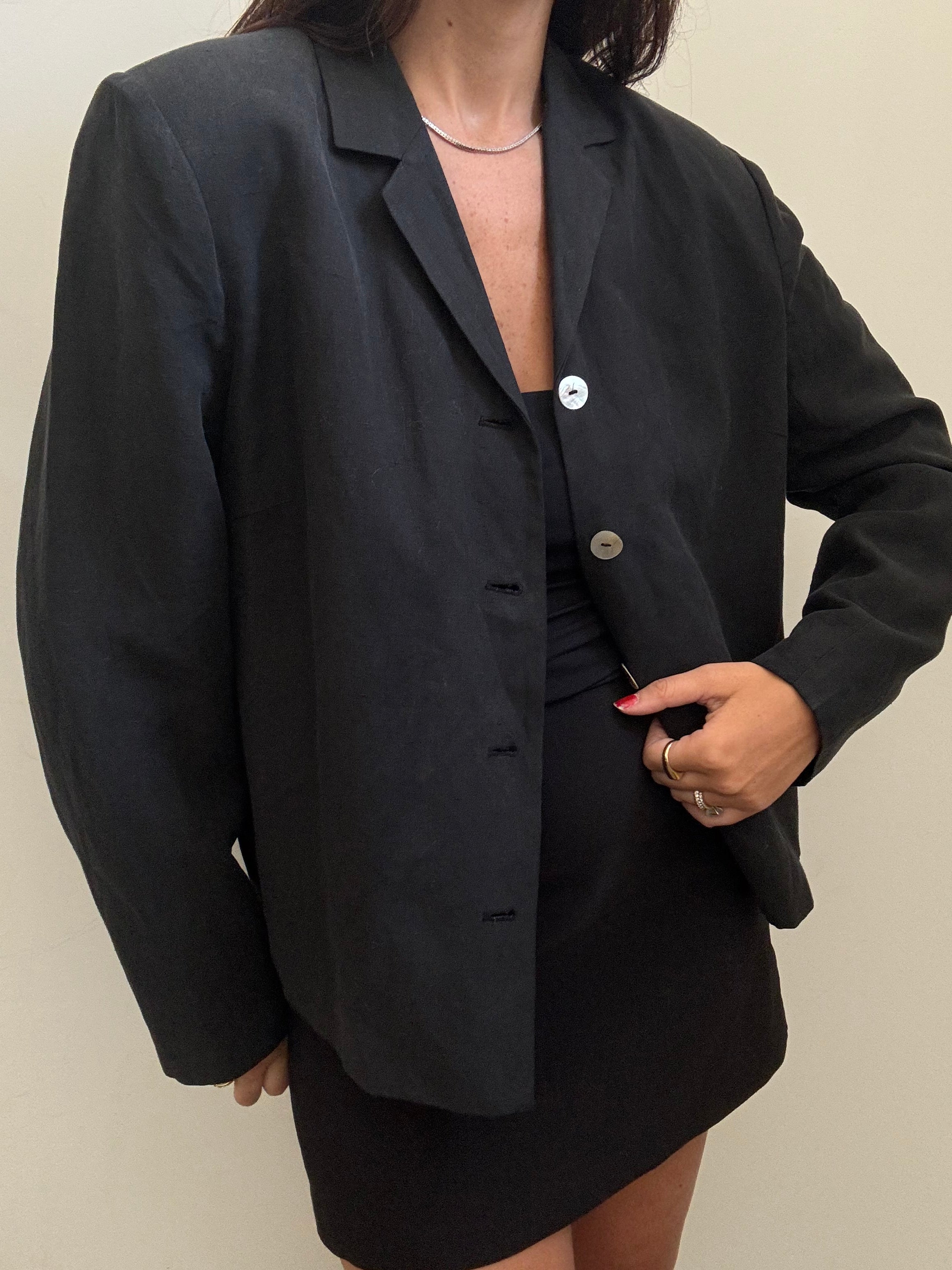 Vintage Black Silk + Linen Classic Blazer Size Large