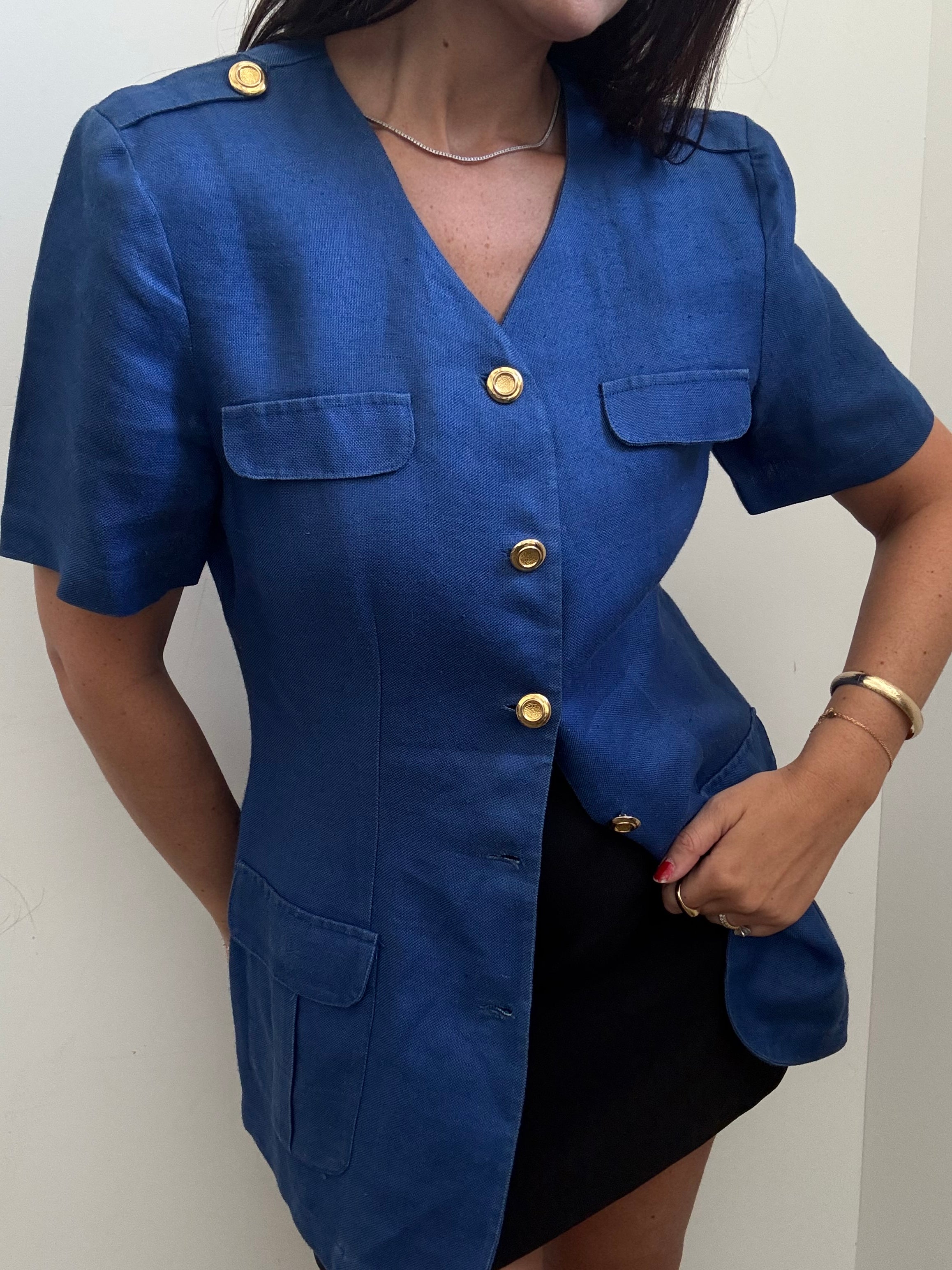 Vintage 1970s Linen Blue Structured Top Size Medium