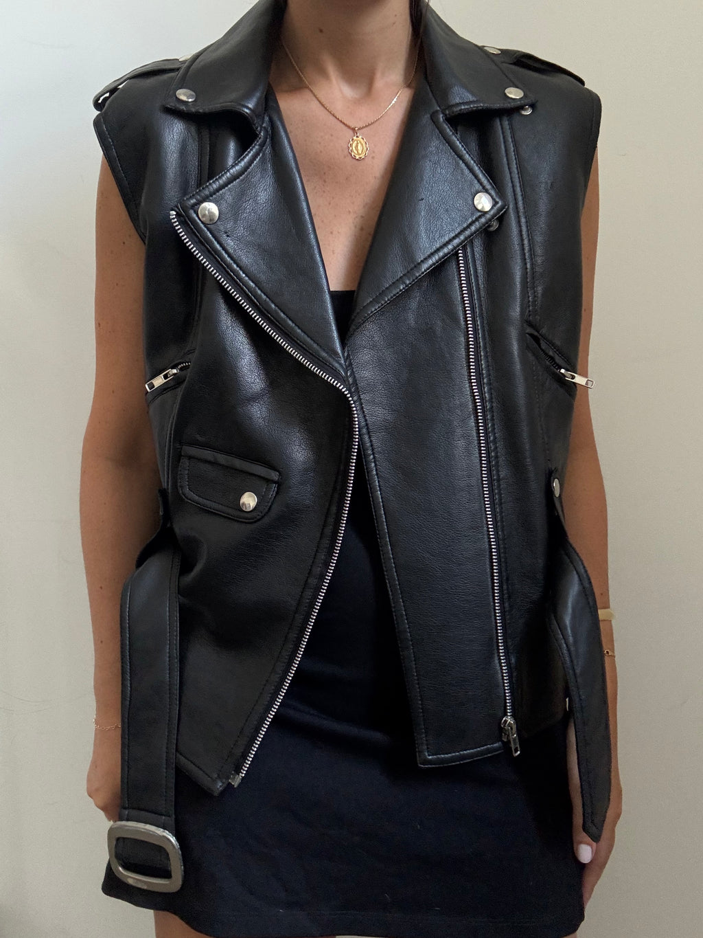 Vintage Faux Leather Black Moto Vest Size Medium