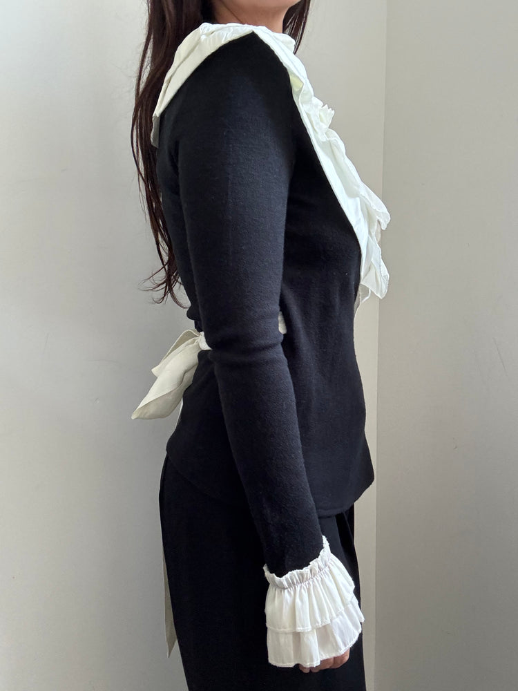 Vintage Black Cardigan White Rosette Collar Size Medium