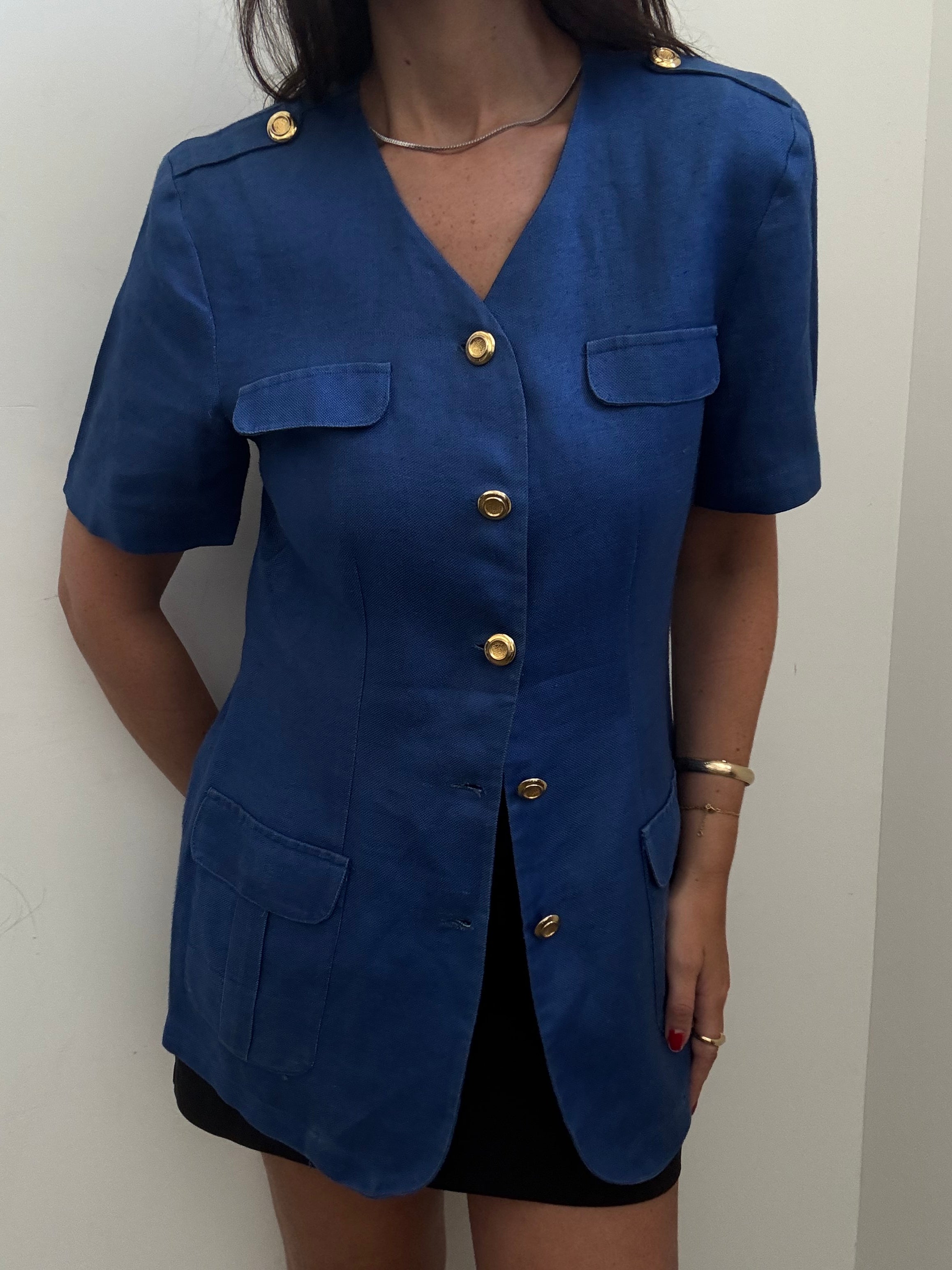 Vintage 1970s Linen Blue Structured Top Size Medium