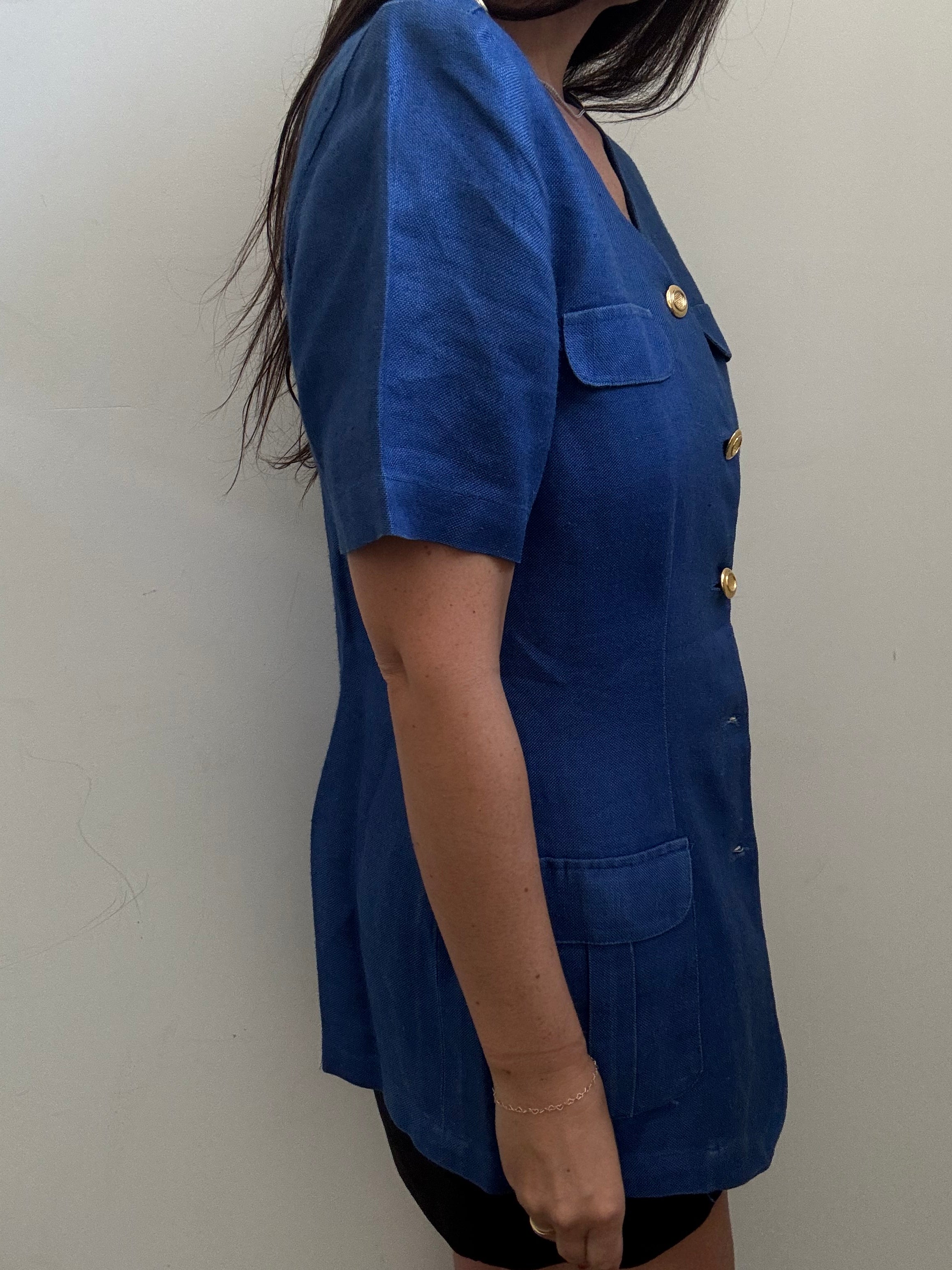 Vintage 1970s Linen Blue Structured Top Size Medium