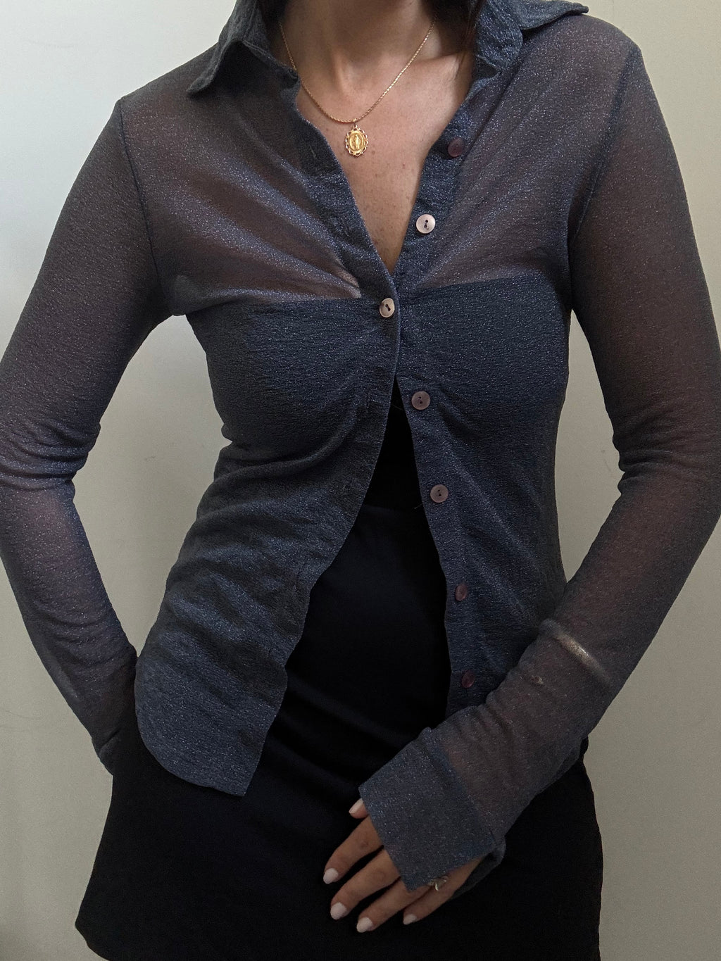 Vintage Blue Shimmer Sheer Button Down Top Size Small