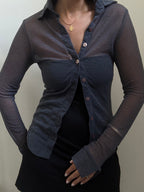 Vintage Blue Shimmer Sheer Button Down Top Size Small