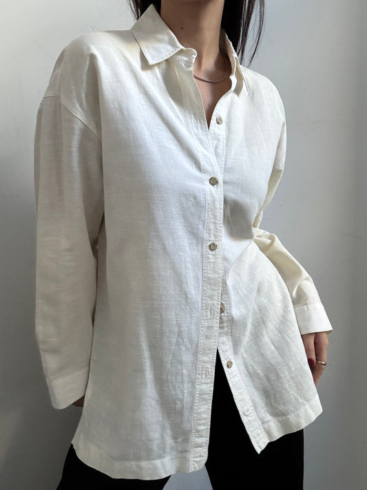 Vintage White Linen Button Up Blouse Size Medium