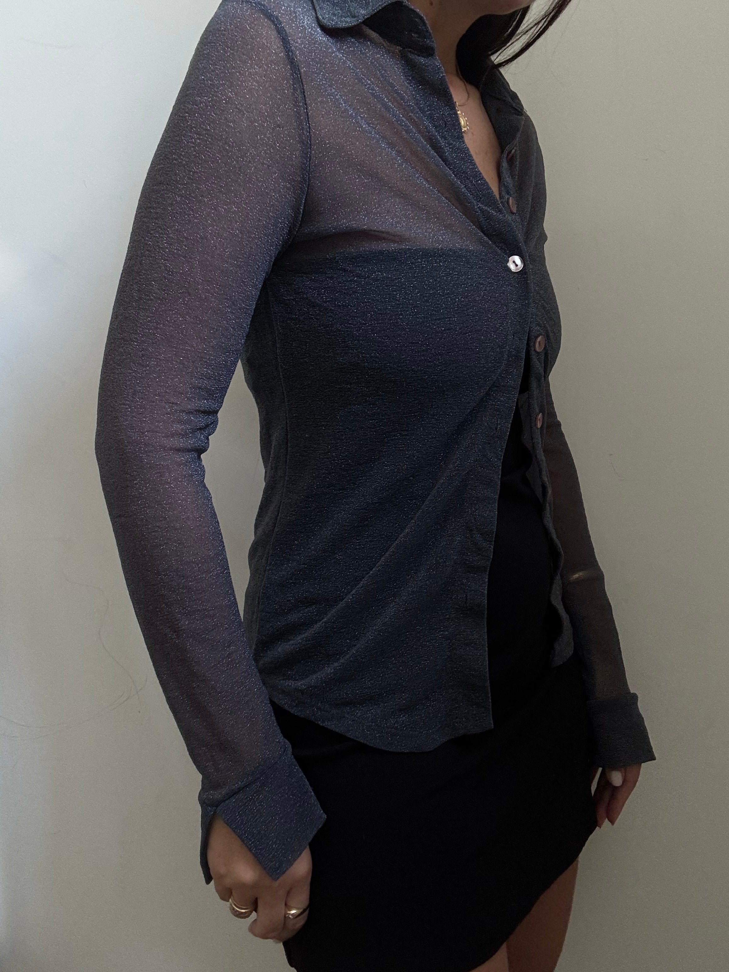 Vintage Blue Shimmer Sheer Button Down Top Size Small