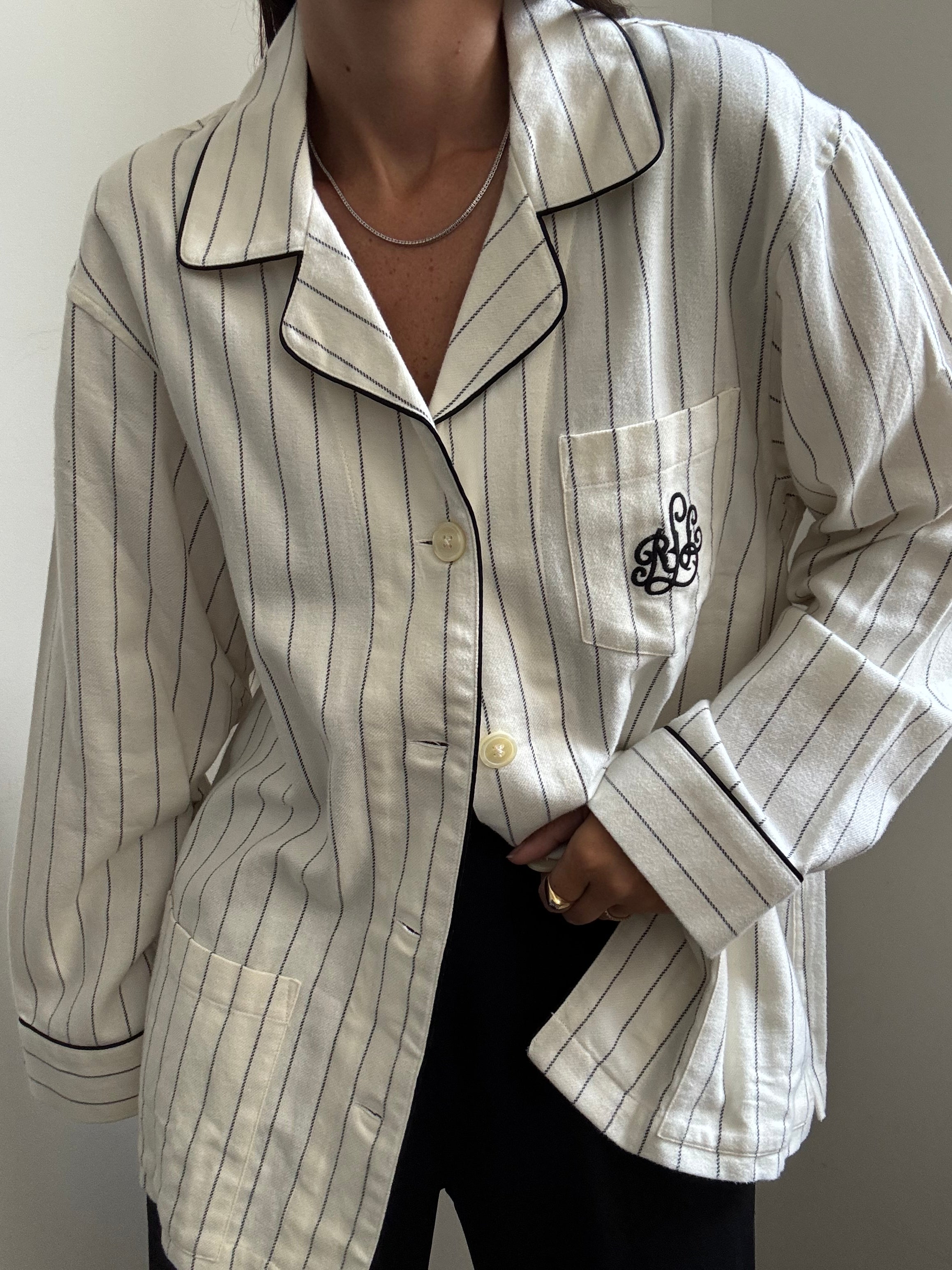 Vintage Ralph Lauren Striped Button-Down Monogram Top Size Large